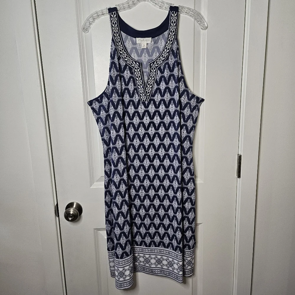 Magnolia Grace Navy White Boho Sleeveless V-Neck Shift Dress Size XXL Bohomian - Picture 2 of 9